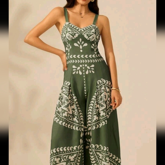 Resort Boho Tropical Print Sleeveless Strap Wide Leg Jumpsuit, Green And Beige - Picture 5 of 6